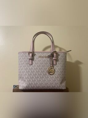 Michael Kors Vanilla MK Signature Tote with Pink Trim
